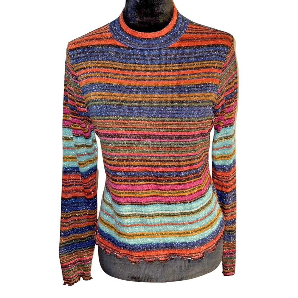 Candie's Women L Multicolor Striped Metallic Knit Mock Neck Lettuce Hem Top